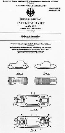 Patentschrift Nr. 854 157 mit dem Titel „Kraftfahrzeug, insbesondere zur Beförderung von Personen“, angemeldet im Januar 1951, erteilt im August 1952.